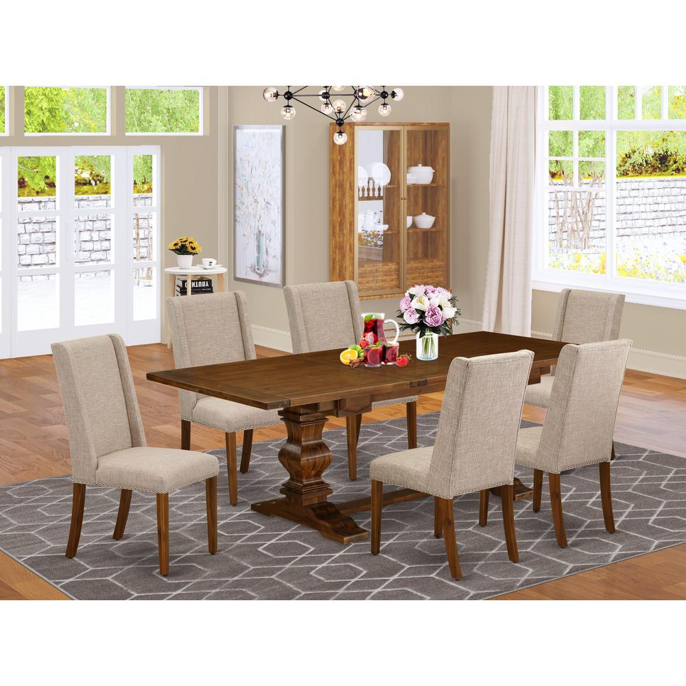 Lassale 7 Piece Kitchen Set Consist of a Rectangle Butterfly Leaf Dining Table and 6 Light Tan Linen Fabric Parson Chairs, 42x92 Inch, Walnut. Picture 2
