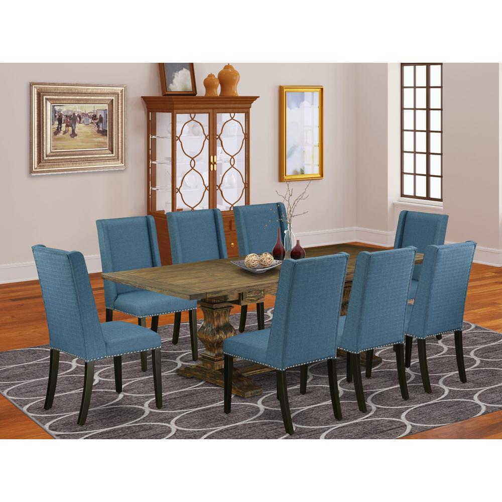 9 Piece Dining Room Furniture Set Includes a Rectangle Wooden Table with Butterfly Leaf and 8 Blue Linen Fabric Parson Dining Chairs, 42x92 Inch, Jacobean. Picture 2