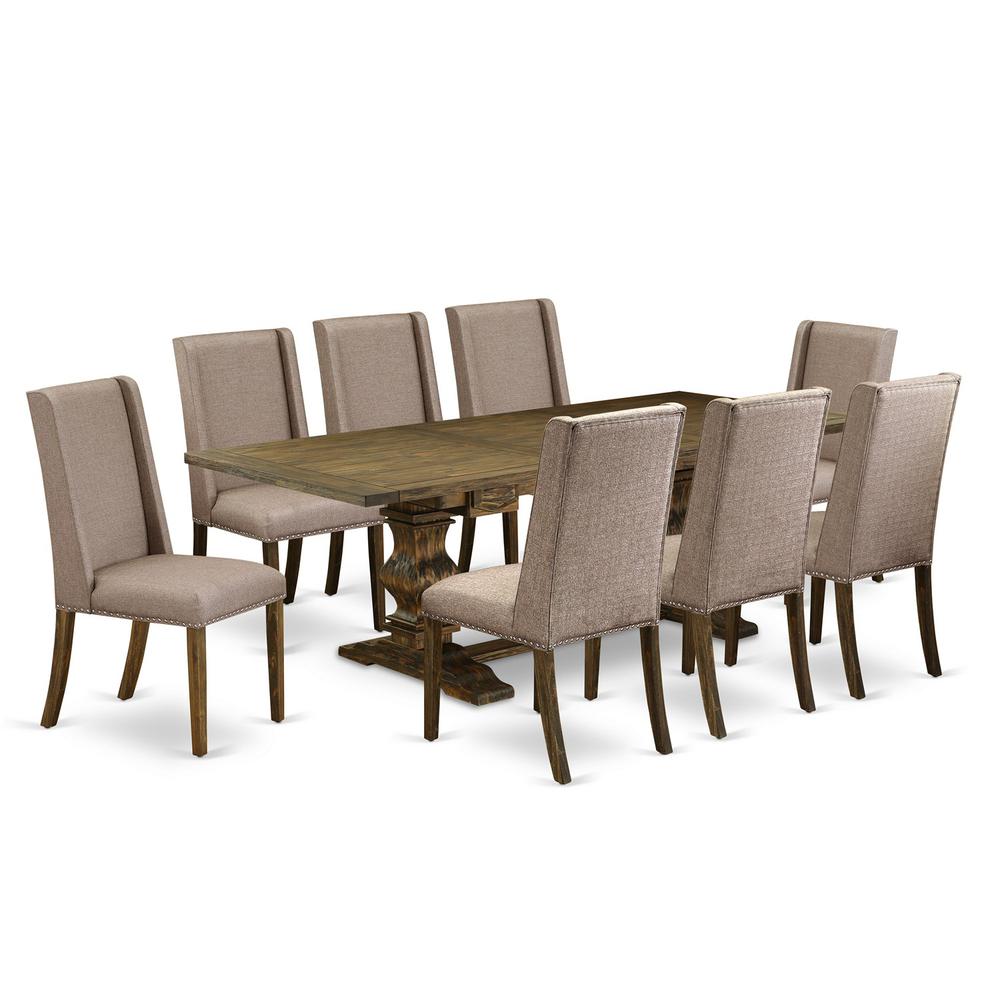East West Furniture LAFL9-77-16 9 Piece Dining Set Includes a Rectangle Dining Room Table with Butterfly Leaf and 8 Dark Khaki Linen Fabric Upholstered Chairs, 42x92 Inch, Jacobean. Picture 1