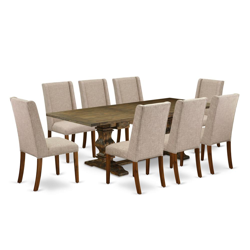 9 Piece Dining Table Set Includes a Rectangle Dining Room Table with Removable Leaf and 8 Light Tan Linen Fabric Upholstered Chairs, 42x92 Inch, Jacobean. Picture 1