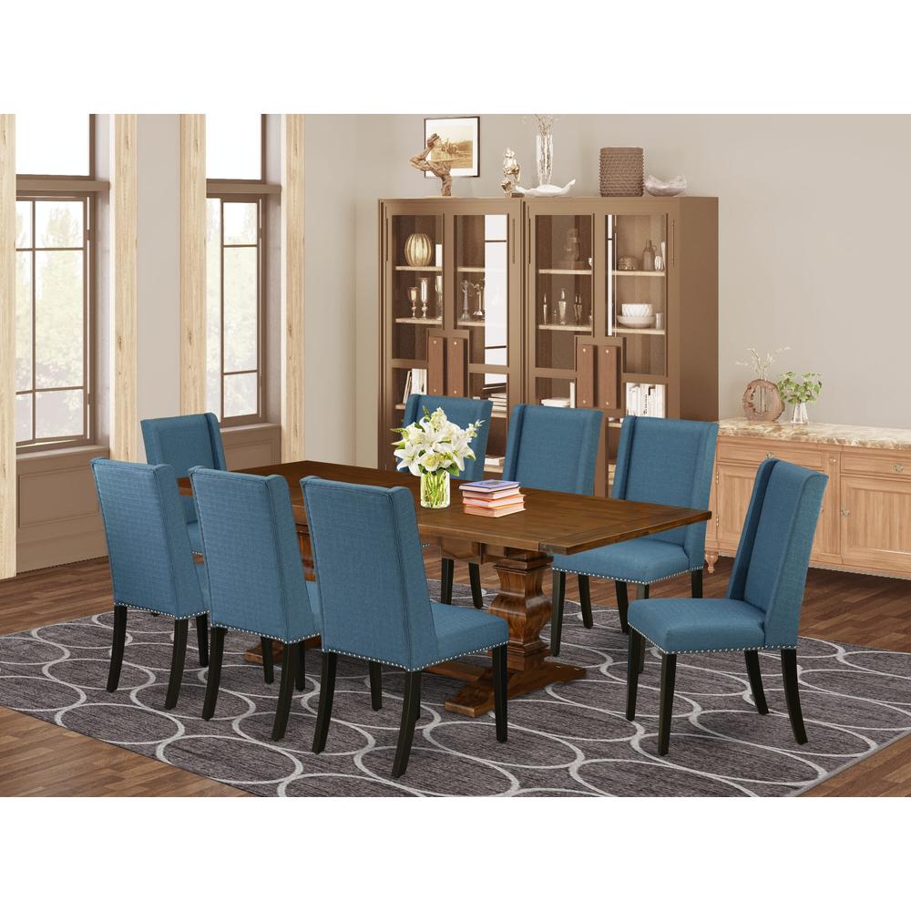 East West Furniture LAFL9-81-21 9 Piece Dining Table Set Includes a Rectangle Dining Room Table with Butterfly Leaf and 8 Blue Linen Fabric Parsons Chairs, 42x92 Inch, Walnut. Picture 2