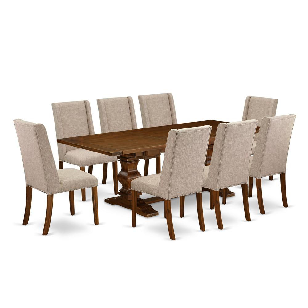East West Furniture LAFL9-88-04 9 Piece Dining Set Includes a Rectangle Dining Room Table with Removable Leaf and 8 Light Tan Linen Fabric Upholstered Chairs, 42x92 Inch, Walnut. Picture 1