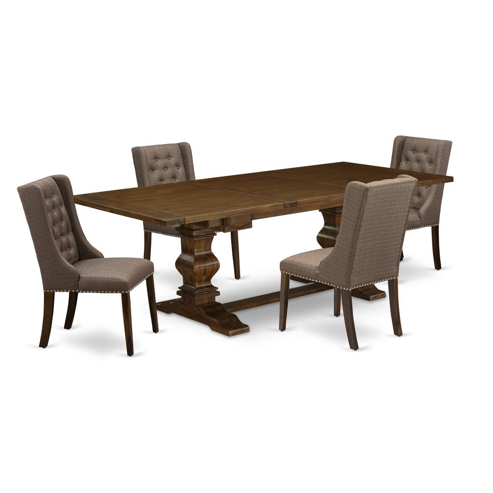 East West Furniture LAFO5-88-18 5-Pc Kitchen Table Set Includes 1 Butterfly Double Pedestal Dining Table and 4 Brown Linen Fabric Parson Dining Chairs with Button Tufted Back - Antique Walnut Finish. Picture 1