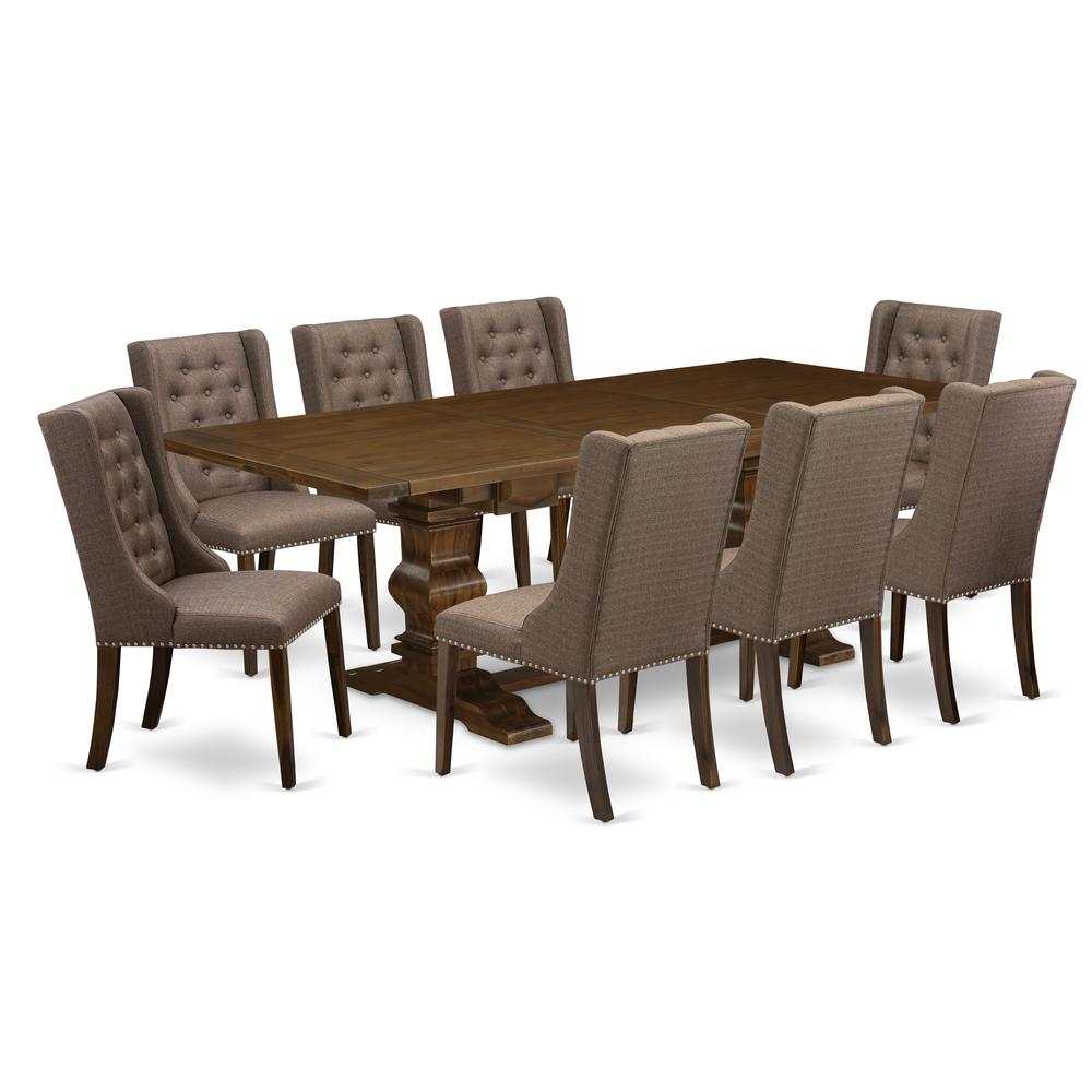 East West Furniture LAFO9-88-18 9-Pc Kitchen Room Table Set Includes 1 Butterfly Double Pedestal Dining Table and 8 Brown Linen Fabric Parson Chairs with Button Tufted Back - Antique Walnut Finish. Picture 1