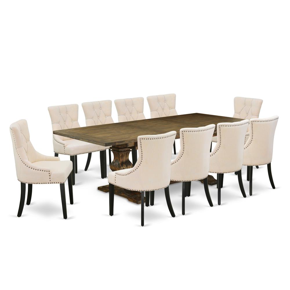 East West Furniture 11-Piece Modern Dining Set Consists of a Dining Room Table and 10 Light Beige Linen Fabric Dining Chairs with Button Tufted Back - Distressed Jacobean Finish. Picture 1