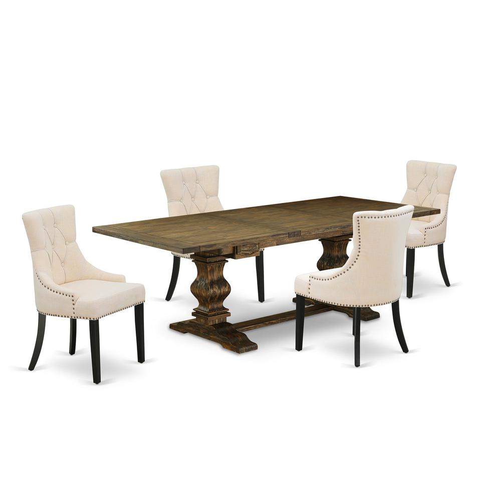 5 Piece Dining Table Set for 4 Includes a Rectangle Kitchen Table with Removable Leaf and 4 Light Beige Linen Fabric Parsons Chairs, 42x92 Inch, Jacobean. Picture 1