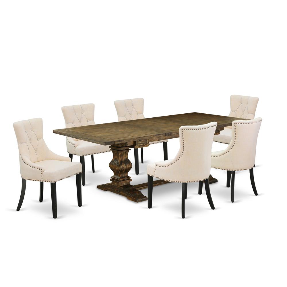 7 Piece Dining Table Set Consist of a Rectangle Removable Leaf Kitchen Table and 6 Light Beige Linen Fabric Parson Chairs, 42x92 Inch, Jacobean. Picture 1