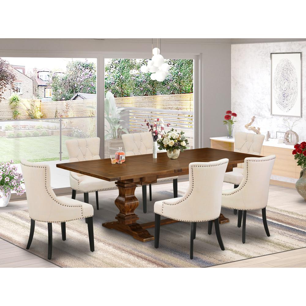 7 Piece Dining Room Set Consist of a Rectangle Wooden Table with Butterfly Leaf and 6 Light Beige Linen Fabric Parson Dining Chairs, 42x92 Inch, Walnut. Picture 2