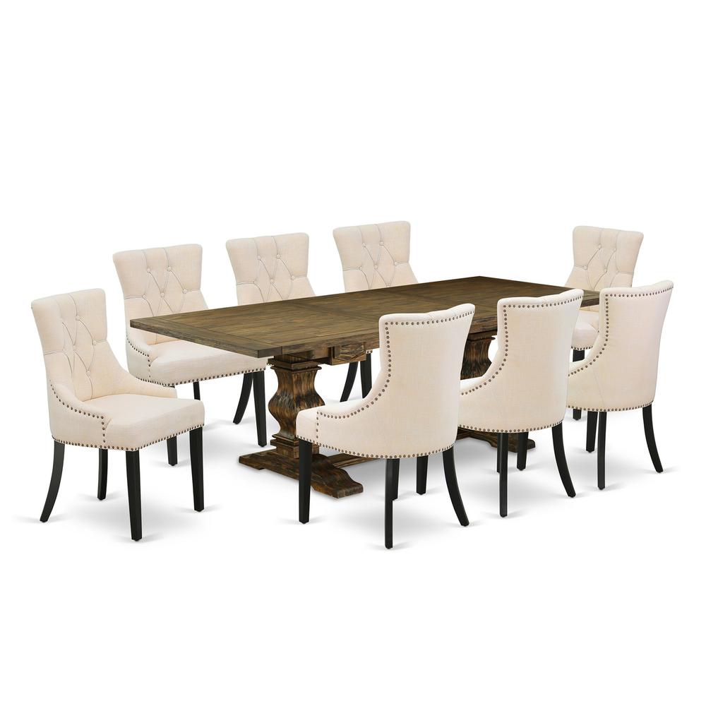 9 Piece Dining Room Table Set Includes a Rectangle Kitchen Table with Removable Leaf and 8 Light Beige Linen Fabric Parson Chairs, 42x92 Inch, Jacobean. Picture 1