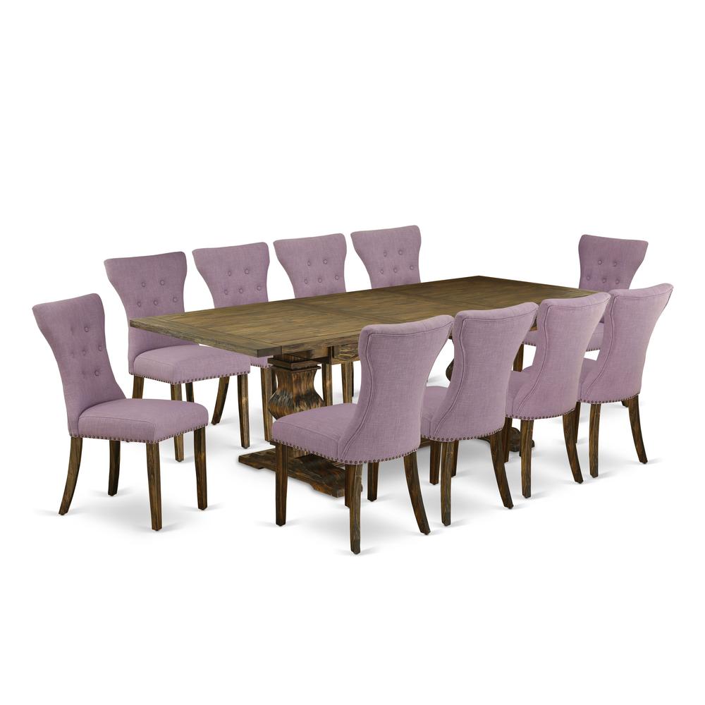 East West Furniture 11-Piece Kitchen Table Set Contains a Wooden Table and 10 Dahlia Linen Fabric Dining Room Chairs with Button Tufted Back - Distressed Jacobean Finish. Picture 1