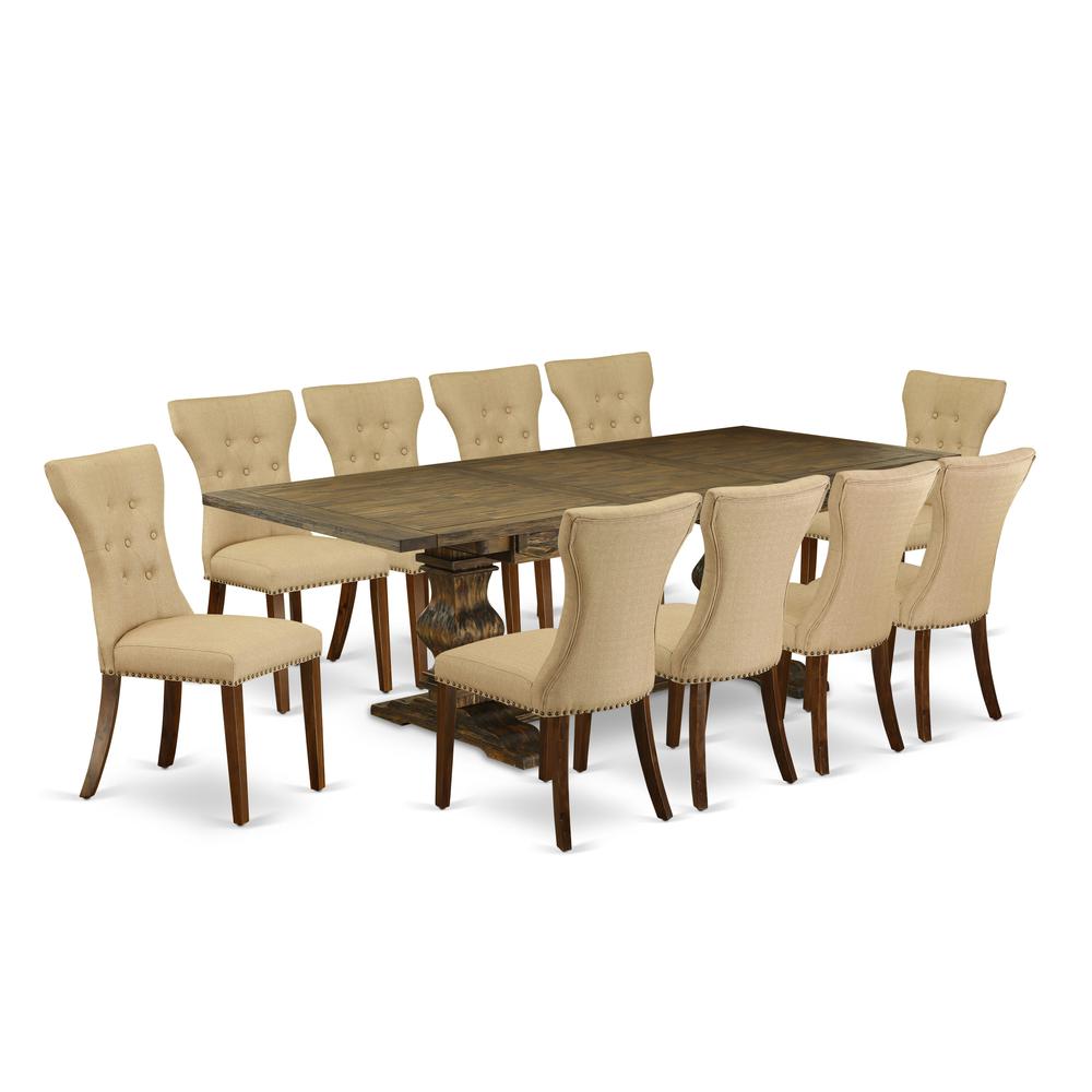 East West Furniture 11-Piece Kitchen Table Set Contains a Mid Century Dining Table and 10 Brown Linen Fabric Dining Room Chairs with Button Tufted Back - Distressed Jacobean Finish. Picture 1