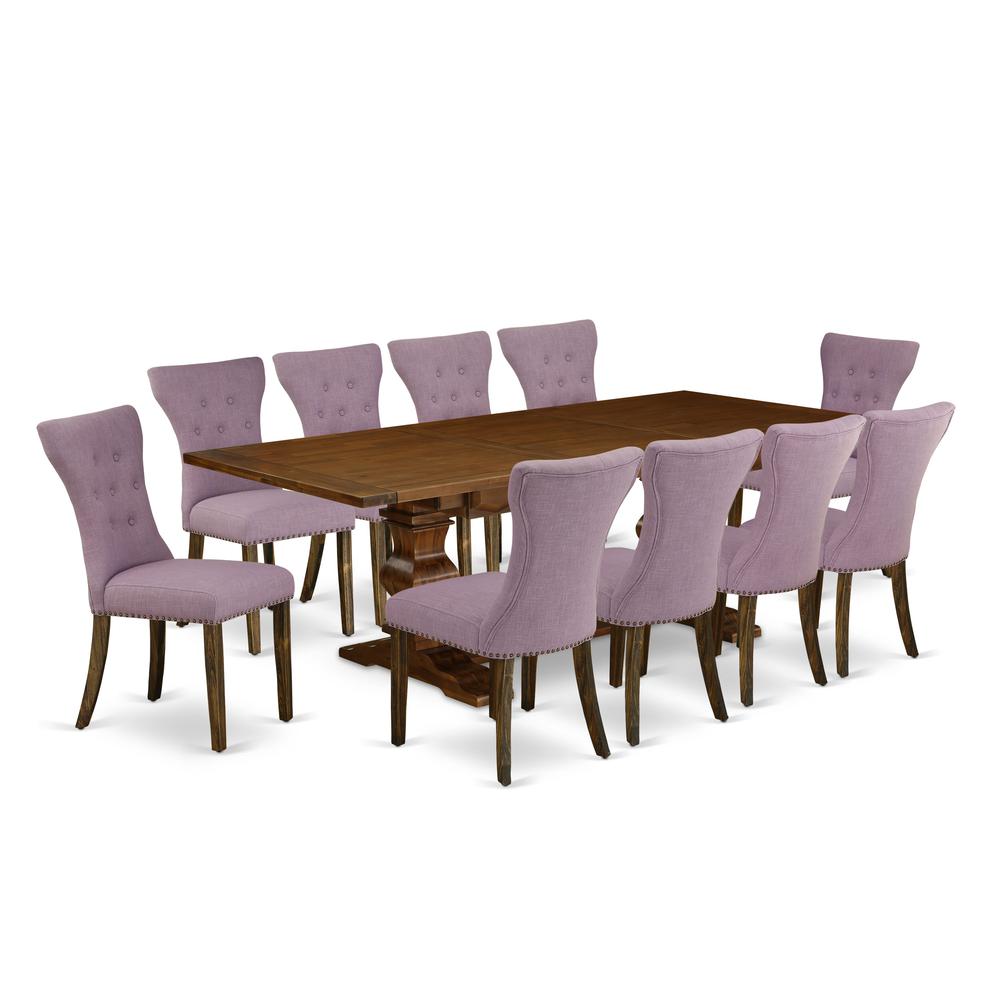 East West Furniture 11-Pc Dining Table Set - A Butterfly Leaf Double Pedestal Kitchen Table and 10 Dahlia Linen Fabric Modern Chairs with Button Tufted Back - Antique Walnut Finish. Picture 1