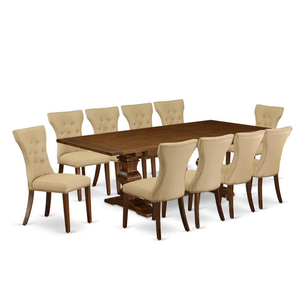 East West Furniture 11-Pieces Dining Set - A Butterfly Leaf Double Pedestal Dining Table and 10 Brown Linen Fabric Dining Chairs with button Tufted Back - Antique Walnut Finish. Picture 1