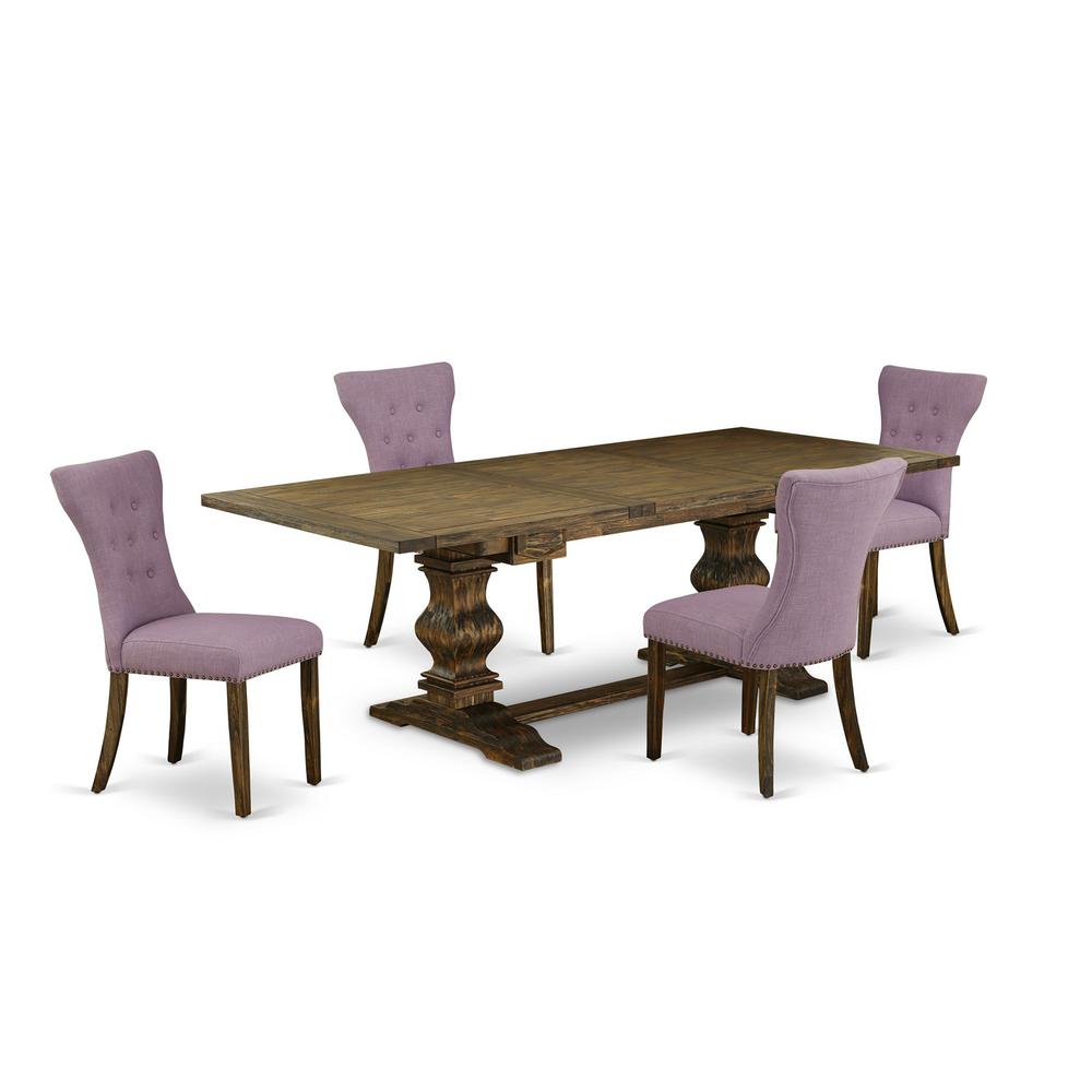 5 Piece Dining Room Furniture Set Includes a Rectangle Wooden Table with Removable Leaf and 4 Dahlia Linen Fabric Upholstered Chairs, 42x92 Inch, Jacobean. Picture 1
