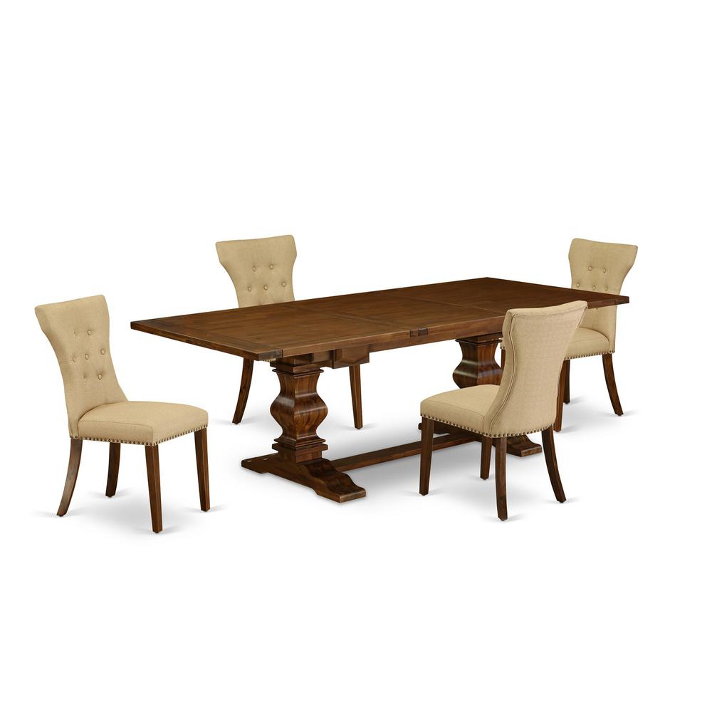 5 Piece Dining Room Table Set Includes a Rectangle Wooden Table with Removable Leaf and 4 Brown Linen Fabric Upholstered Chairs, 42x92 Inch, Walnut. Picture 1