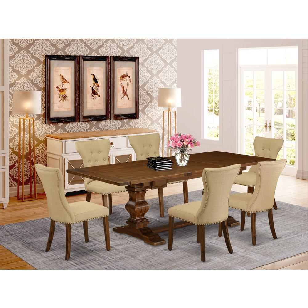 7 Piece Dining Room Table Set Consist of a Rectangle Wooden Table with Removable Leaf and 6 Brown Linen Fabric Upholstered Chairs, 42x92 Inch, Walnut. Picture 2