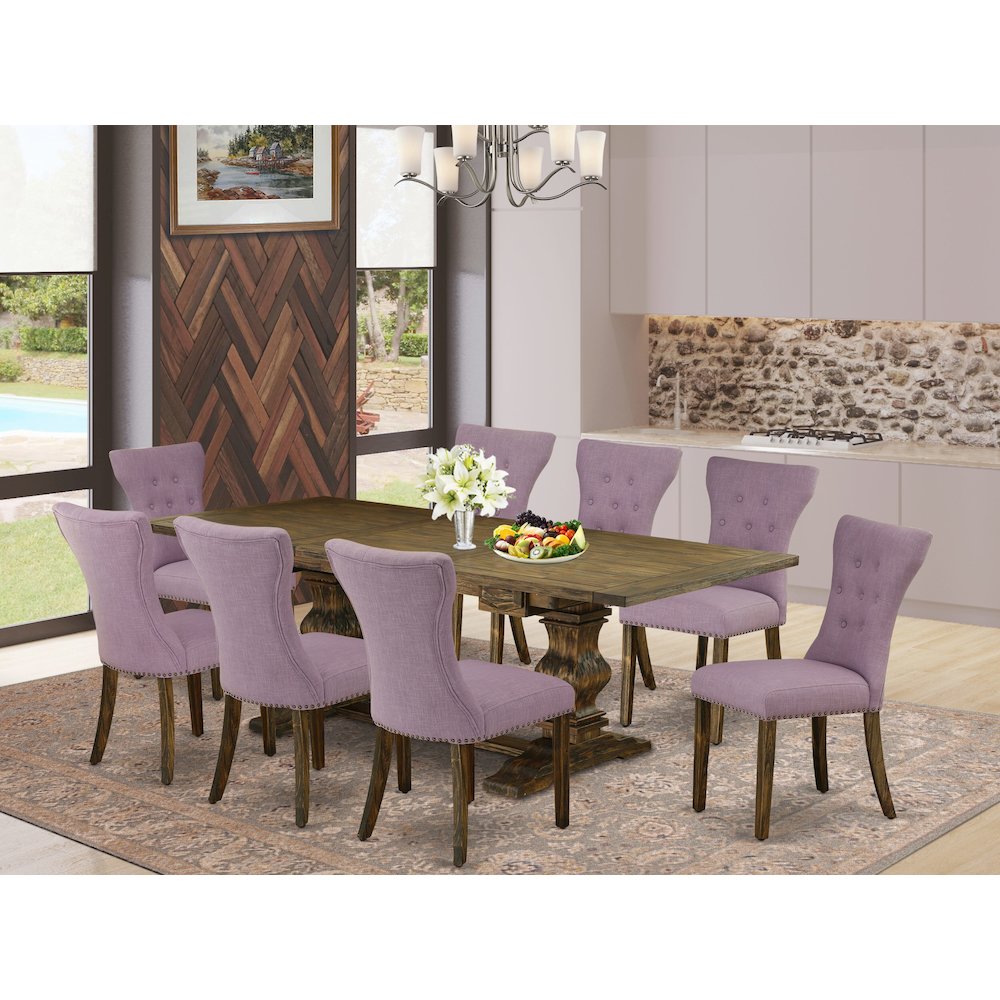 East West Furniture LAGA9-77-40 9 Piece Kitchen Table Set Includes a Rectangle Dining Table with Removable Leaf and 8 Dahlia Linen Fabric Parsons Dining Chairs, 42x92 Inch, Jacobean. Picture 2