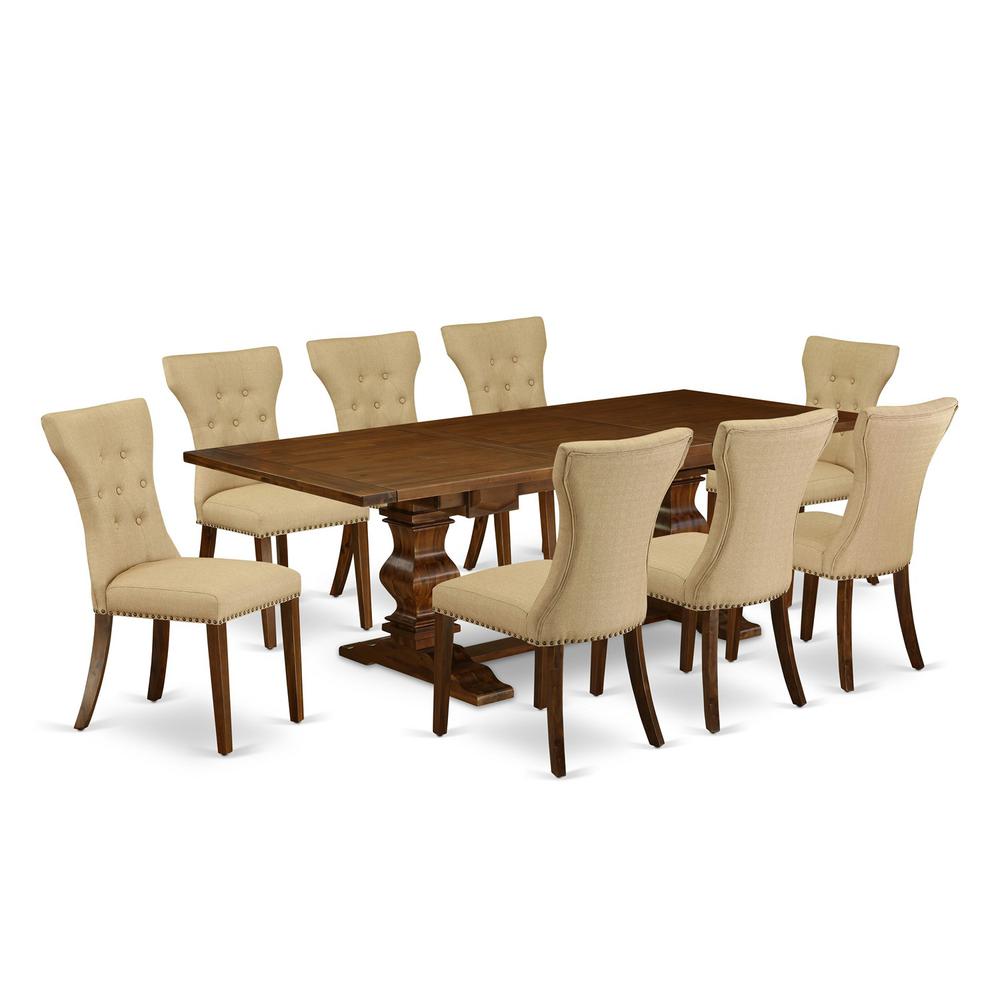 9 Piece Dining Table Set includes a Rectangle Kitchen Table with Removable Leaf and 8 Brown Linen Fabric Parson Dining Chairs, 42x92 Inch, Walnut. Picture 1