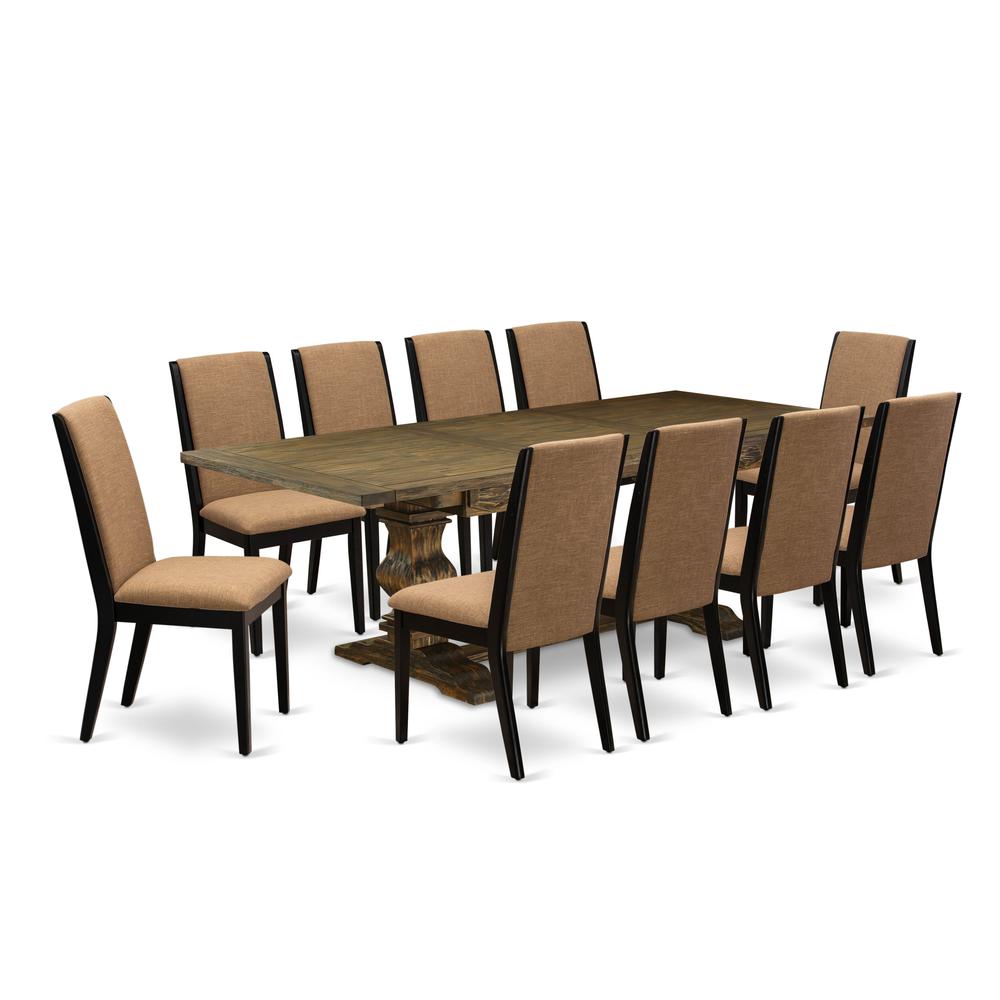 East West Furniture 11-Piece Dinner Table Set Consists of a Wooden Dining Table and 10 Light Sable Linen Fabric Dining Chairs with High Back - Distressed Jacobean Finish. Picture 1
