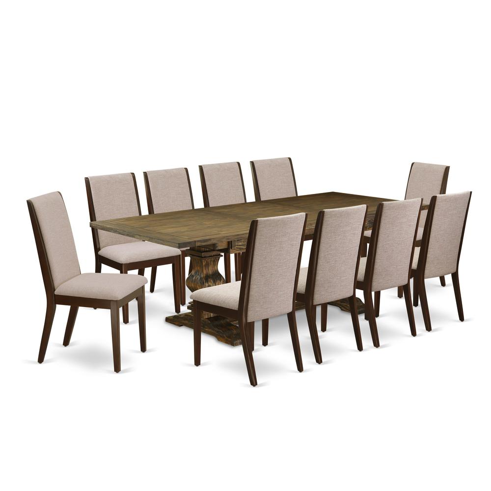 East West Furniture 11-Piece Kitchen Dining Table Set Contains a Rectangular Table and 10 Light Tan Linen Fabric Upholstered Chairs with High Back - Distressed Jacobean Finish. Picture 1
