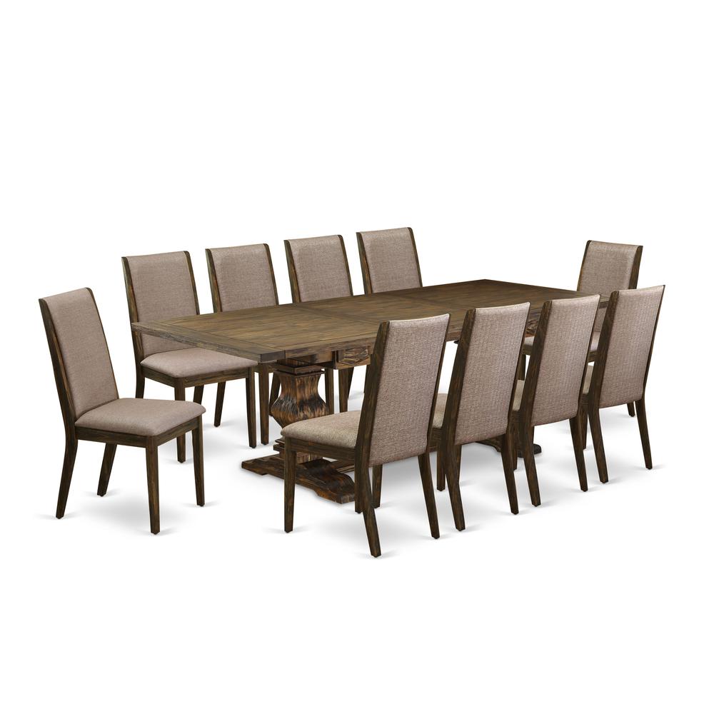 East West Furniture 11-Pc Dining Set Includes a Wooden Dining Table and 10 Dark Khaki Linen Fabric Parson Dining Chairs with High Back - Distressed Jacobean Finish. Picture 1