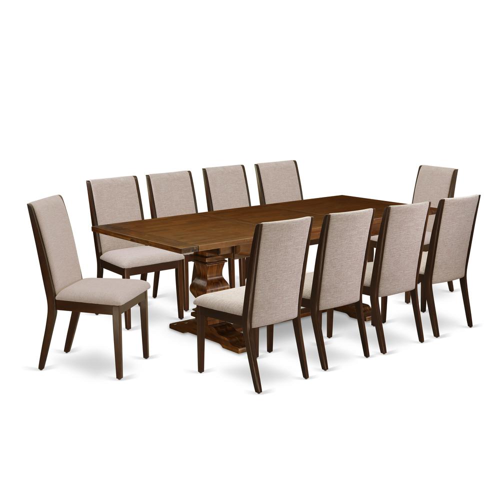 East West Furniture 11-Pieces Dining Set - A Butterfly Leaf Double Pedestal Dinner Table and 10 Light Tan Linen Fabric Upholstered Dining Chairs with High Back - Antique Walnut Finish. Picture 1