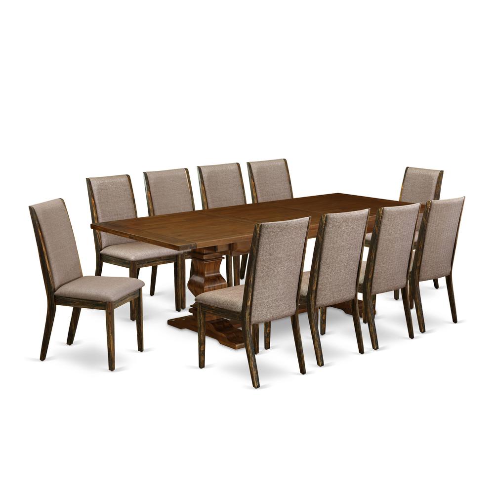 East West Furniture 11-Pieces Kitchen Table Set - A Butterfly Leaf Double Pedestal Modern Kitchen Table and 10 Dark Khaki Linen Fabric Dining Chairs with High Back - Antique Walnut Finish. Picture 1