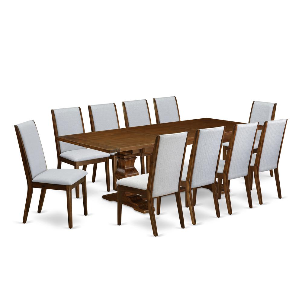 East West Furniture 11-Pieces Dining Room Set - A Butterfly Leaf Double Pedestal Dining Room Table and 10 Grey Linen Fabric Kitchen Chairs with High Back - Antique Walnut Finish. Picture 1