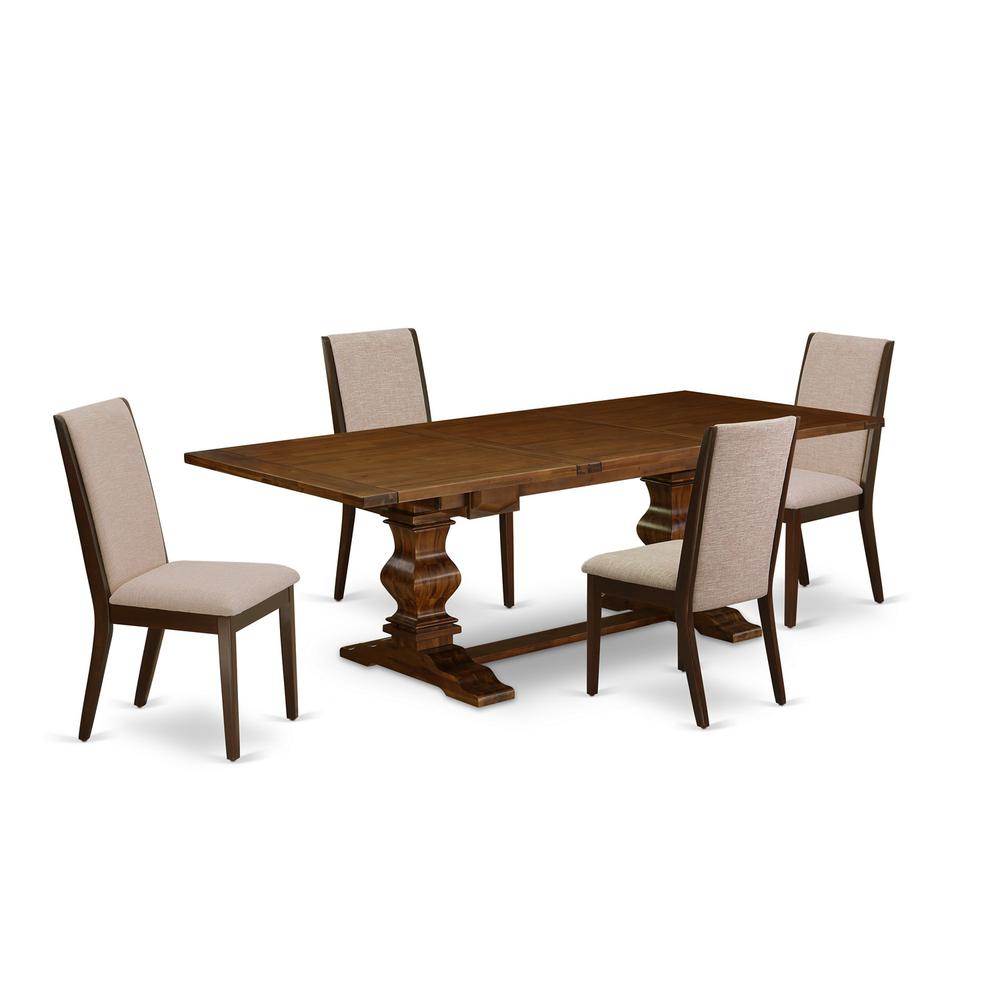 5 Piece Dining Table Set Includes a Rectangle Removable Leaf Kitchen Table and 4 Light Tan Linen Fabric Upholstered Chairs, 42x92 Inch, Walnut. Picture 1