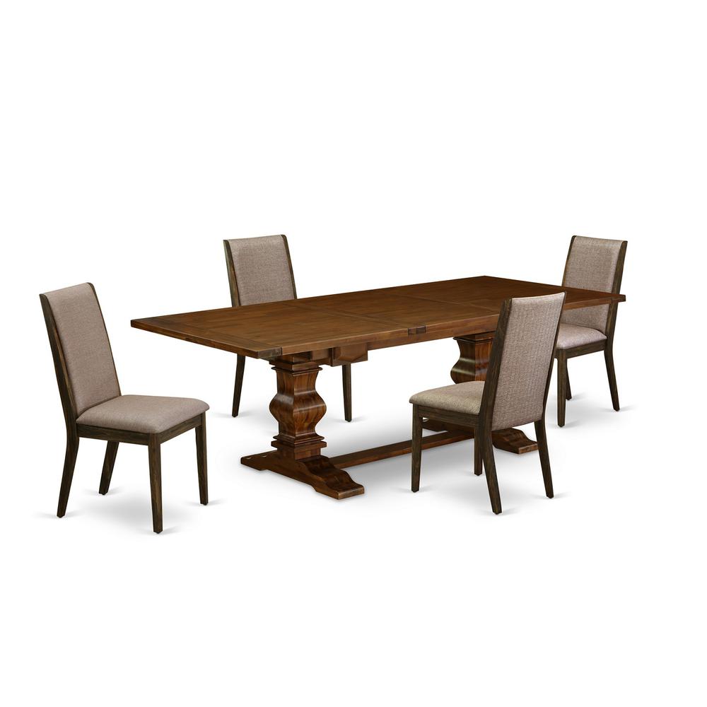 5 Piece Dining Table Set for 4 Includes a Rectangle Kitchen Table with Removable Leaf and 4 Dark Khaki Linen Fabric Parsons Chairs, 42x92 Inch, Walnut. Picture 1