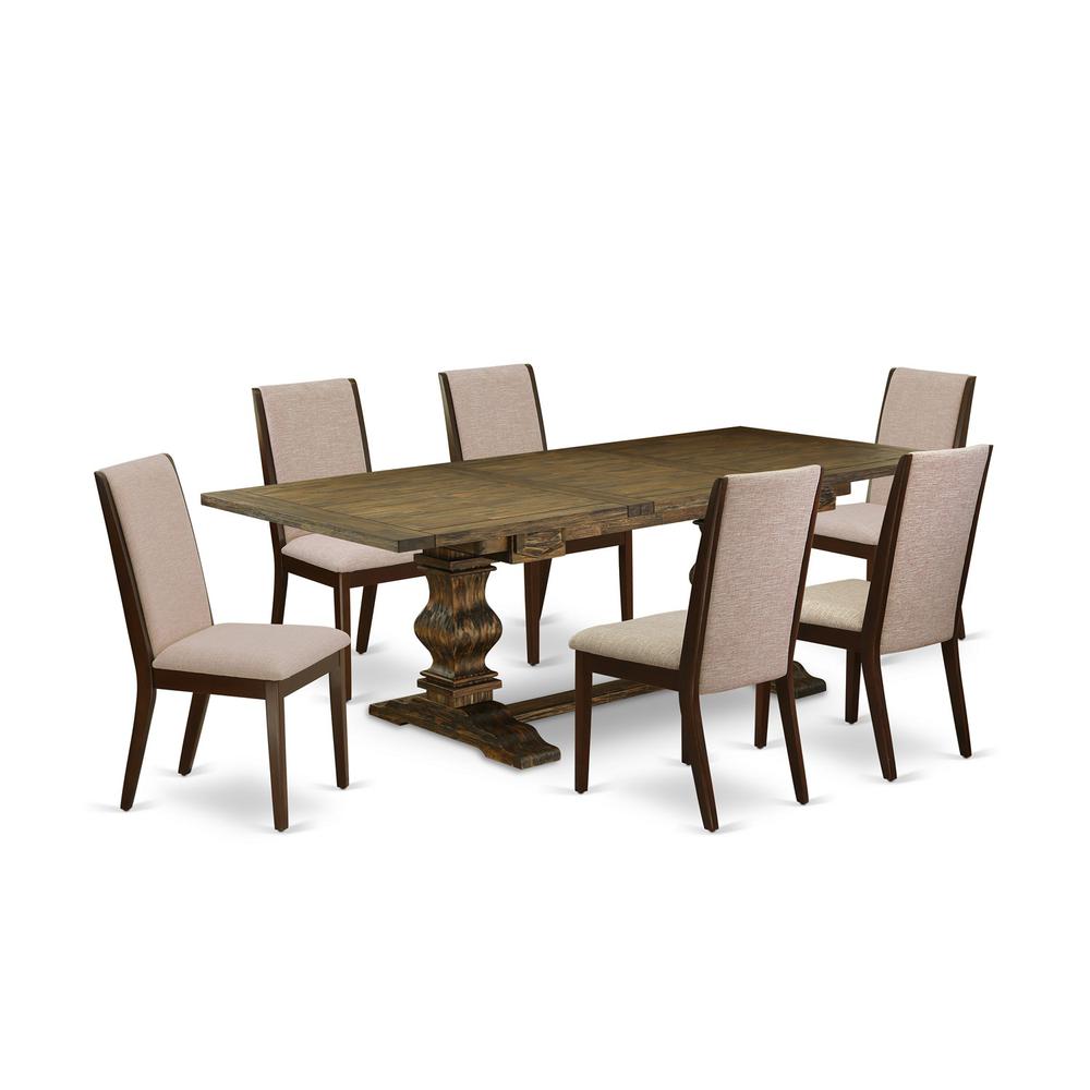 7 Piece Dining Set Consist of a Rectangle Dining Room Table with Removable Leaf and 6 Light Tan Linen Fabric Upholstered Chairs, 42x92 Inch, Jacobean. Picture 1