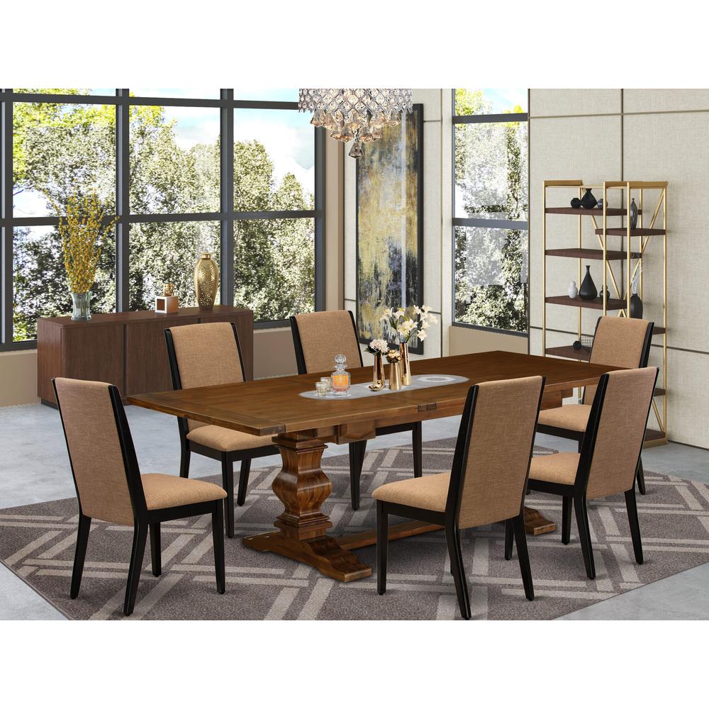East West Furniture LALA7-81-47 7 Piece Dining Set Consist of a Rectangle Dining Room Table with Removable Leaf and 6 Light Sable Linen Fabric Parsons Chairs, 42x92 Inch, Walnut. Picture 2