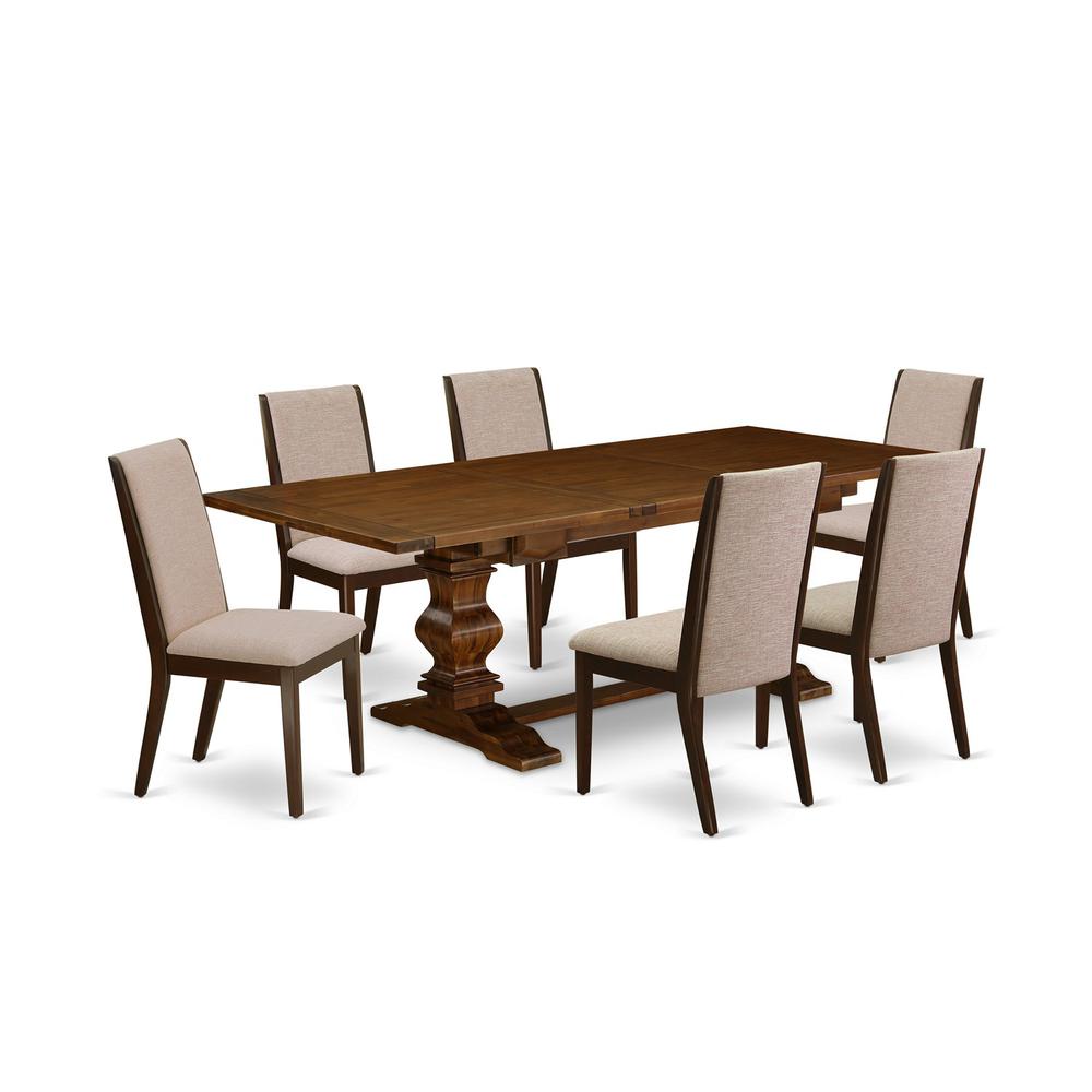 East West Furniture LALA7-83-04 7 Piece Dinette Set Consist of a Rectangle Dining Table with Removable Leaf and 6 Light Tan Linen Fabric Parson Dining Chairs, 42x92 Inch, Walnut. Picture 1