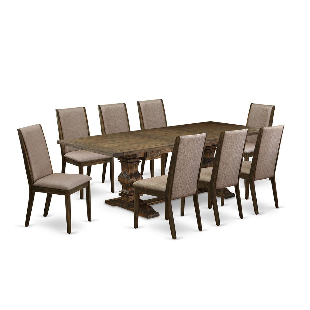 9 Piece Dining Table Set Includes a Rectangle Wooden Table with Removable Leaf and 8 Dark Khaki Linen Fabric Upholstered Chairs, 42x92 Inch, Jacobean. Picture 1