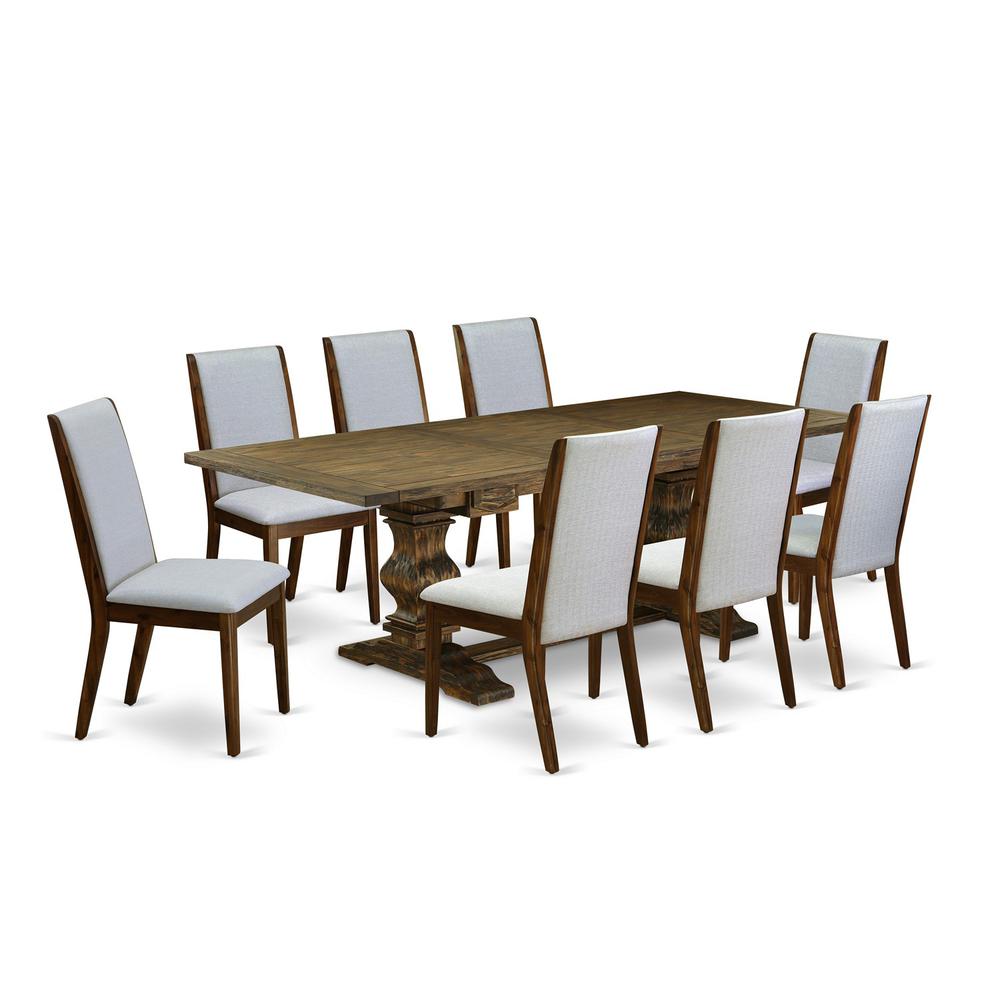 9 Piece Dining Set Includes a Rectangle Dining Room Table with Removable Leaf and 8 Grey Linen Fabric Upholstered Chairs, 42x92 Inch, Jacobean. Picture 1