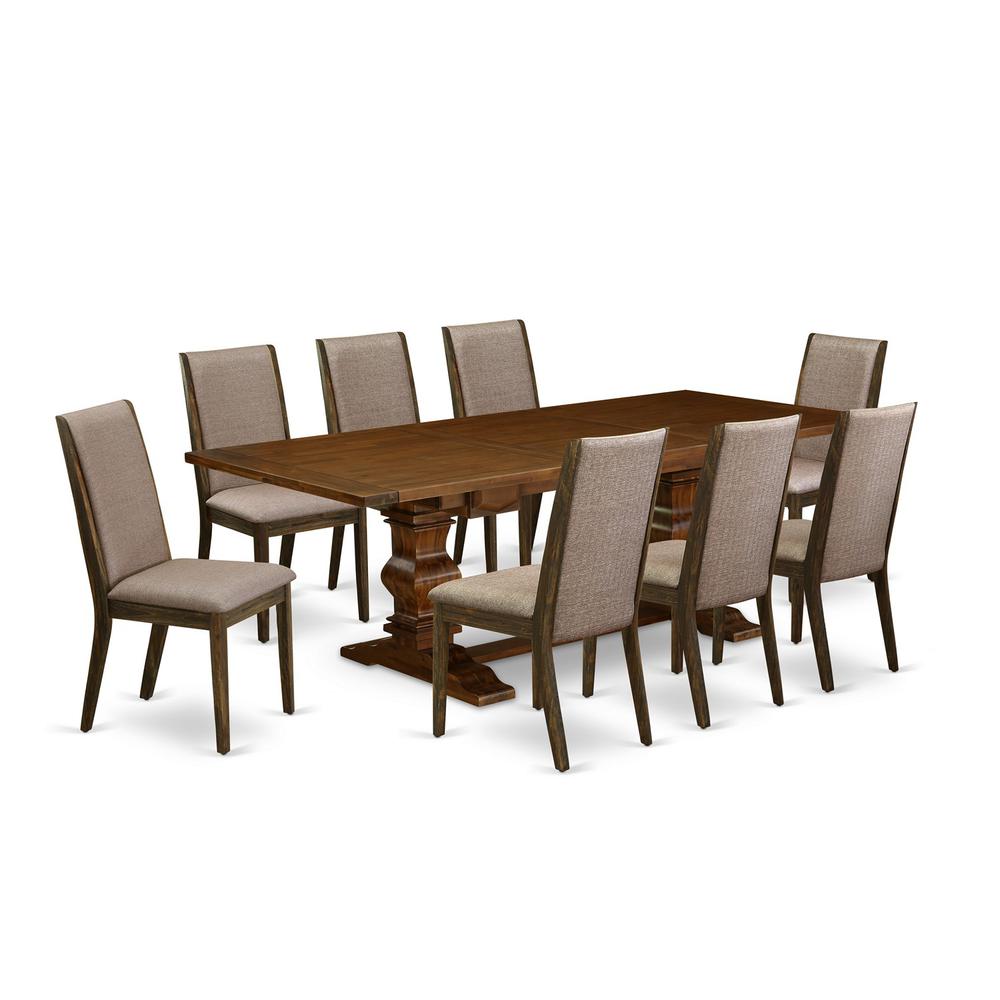 9 Piece Kitchen Table Set Includes a Rectangle Dining Table with Removable Leaf and 8 Dark Khaki Linen Fabric Parson Chairs, 42x92 Inch, Walnut. Picture 1