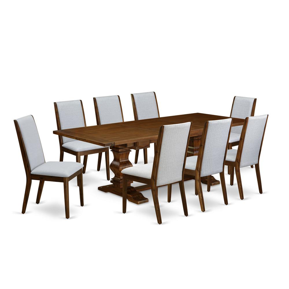 East West Furniture LALA9-88-05 9 Piece Dining Room Furniture Set Includes a Rectangle Wooden Table with Removable Leaf and 8 Grey Linen Fabric Upholstered Chairs, 42x92 Inch, Walnut. Picture 1