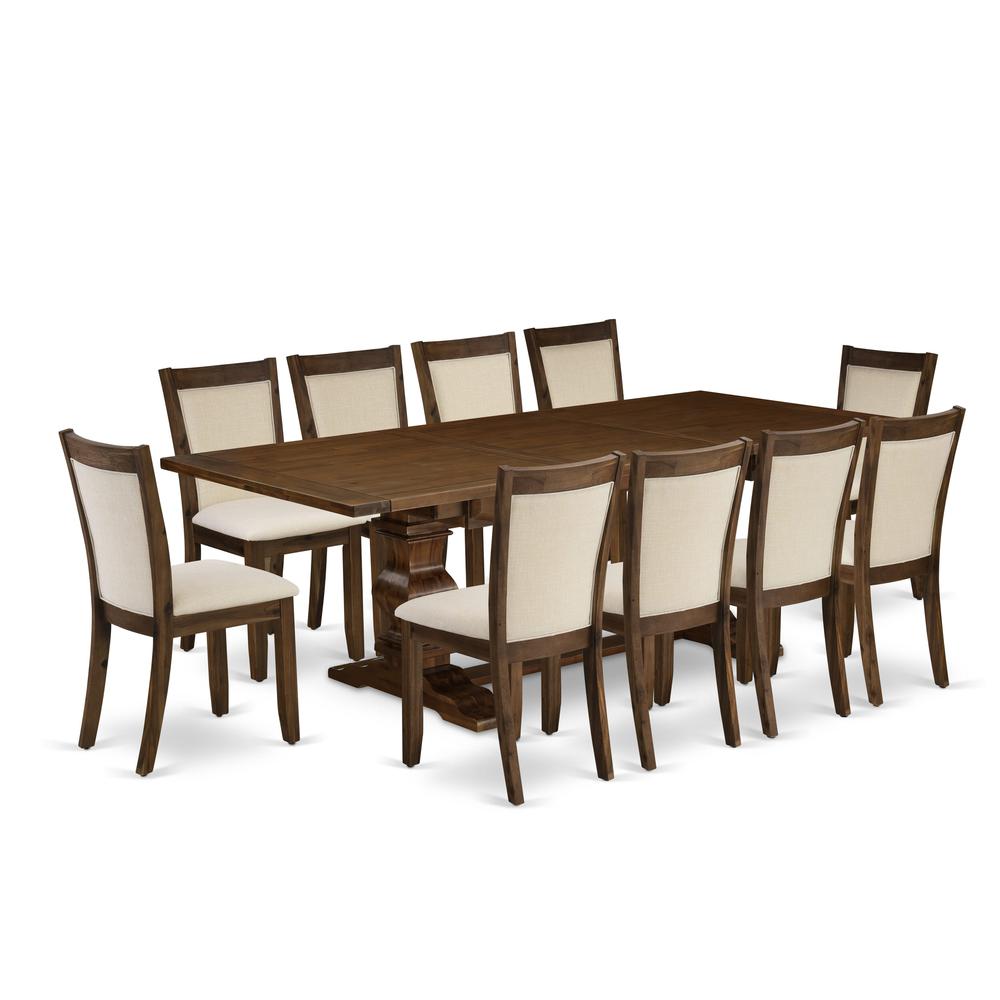 East West Furniture 11-Pieces Kitchen Table Set - 1 Modern Dining Table with Double Pedestal and 10 Light Beige Linen Fabric Modern Chairs with Stylish Back - Antique Walnut Finish. Picture 1