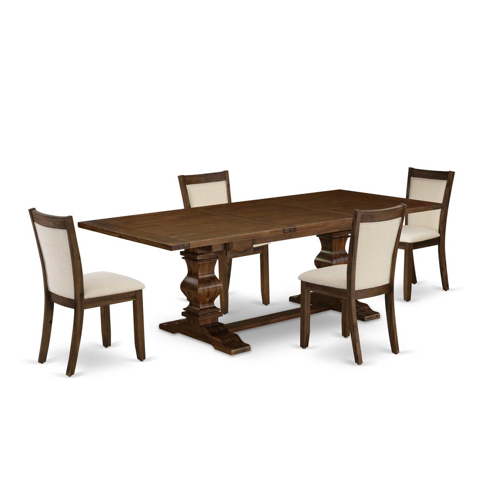 East West Furniture 5-Pieces Dining Room Set - 1 Rectangular Modern Kitchen Table with Double Pedestal and 4 Light Beige Linen Fabric Chairs with Stylish High Back - Antique Walnut Finish. Picture 1