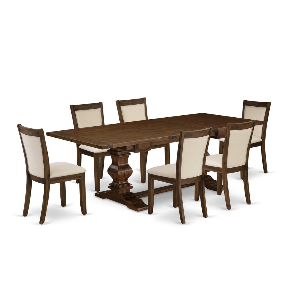 East West Furniture 7-Pieces Table Set - 1 Rectangular Dining Table with Double Pedestal and 6 Light Beige Linen Fabric Wood Dining Chairs with Stylish High Back - Antique Walnut Finish. Picture 1
