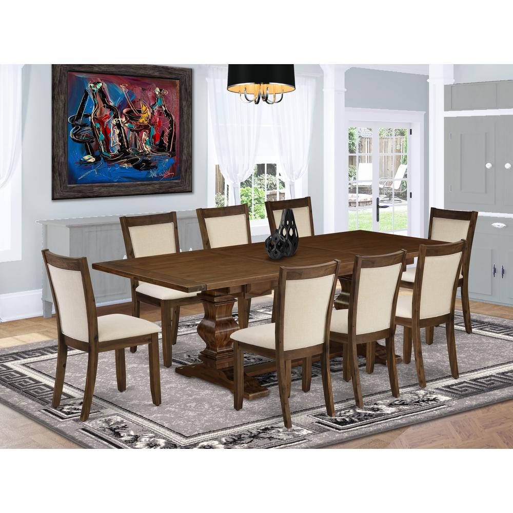 East West Furniture 9-Pcs Kitchen Table Set - 1 Rectangular Dining Table with Double Pedestal and 8 Light Beige Linen Fabric Modern Dining Chairs with Stylish Back - Antique Walnut Finish. Picture 2