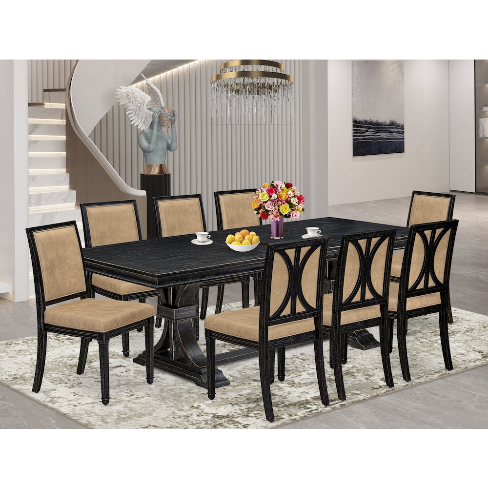 9 piece Kitchen Table Set of a Dining Table and 8 Dark Grey Dining Chairs. Picture 5
