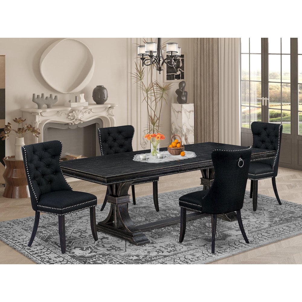 5 piece dining table set of a wooden table and 4 Linen Fabric dining Chairs. Picture 5