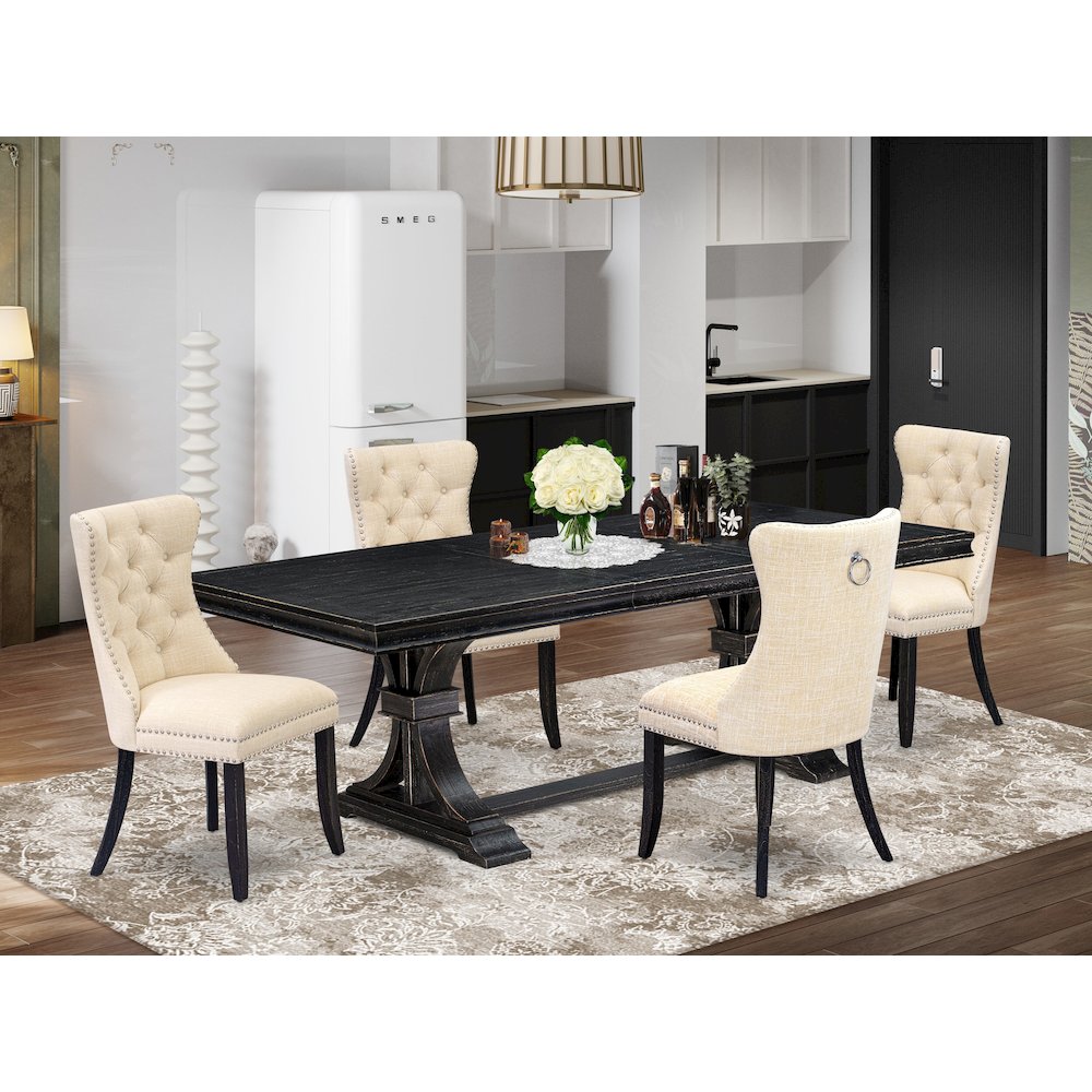 5 piece kitchen table set of a dinner table and 4 Linen Fabric kitchen chairs. Picture 5