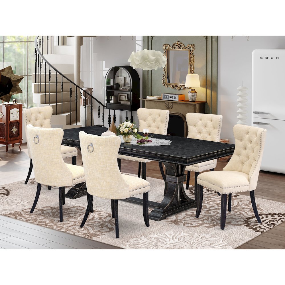 7 piece dining table set of a wooden table and 6 Linen Fabric dining room chairs. Picture 5