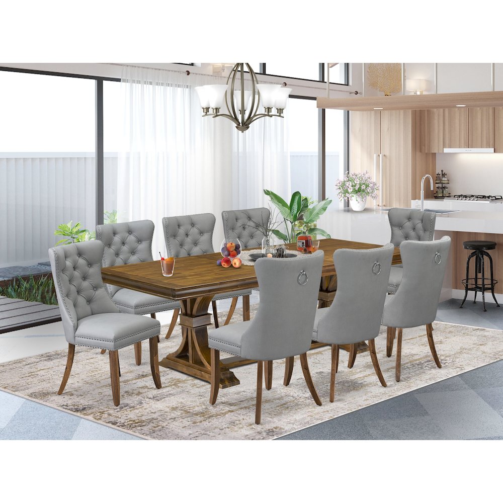 9 Pieces Dining Table Set a Rectangle Table and 8 Dining Chairs, Antique Walnut. Picture 5