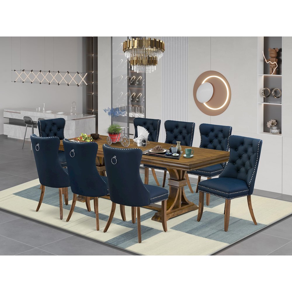 9 Pieces Dining Table Set a Rectangle Table and 8 Dining Chairs, Antique Walnut. Picture 5