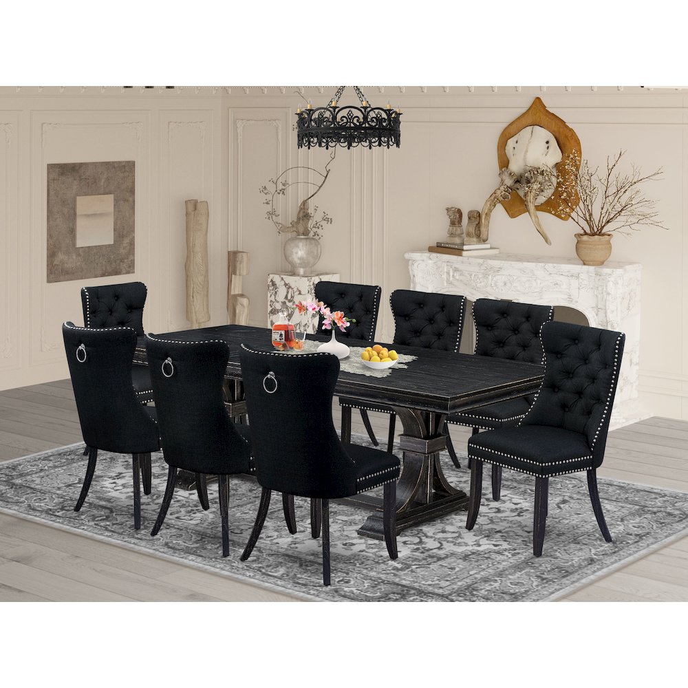 9 piece modern dining set of a dinner table and 8 Linen Fabric kitchen chairs. Picture 5