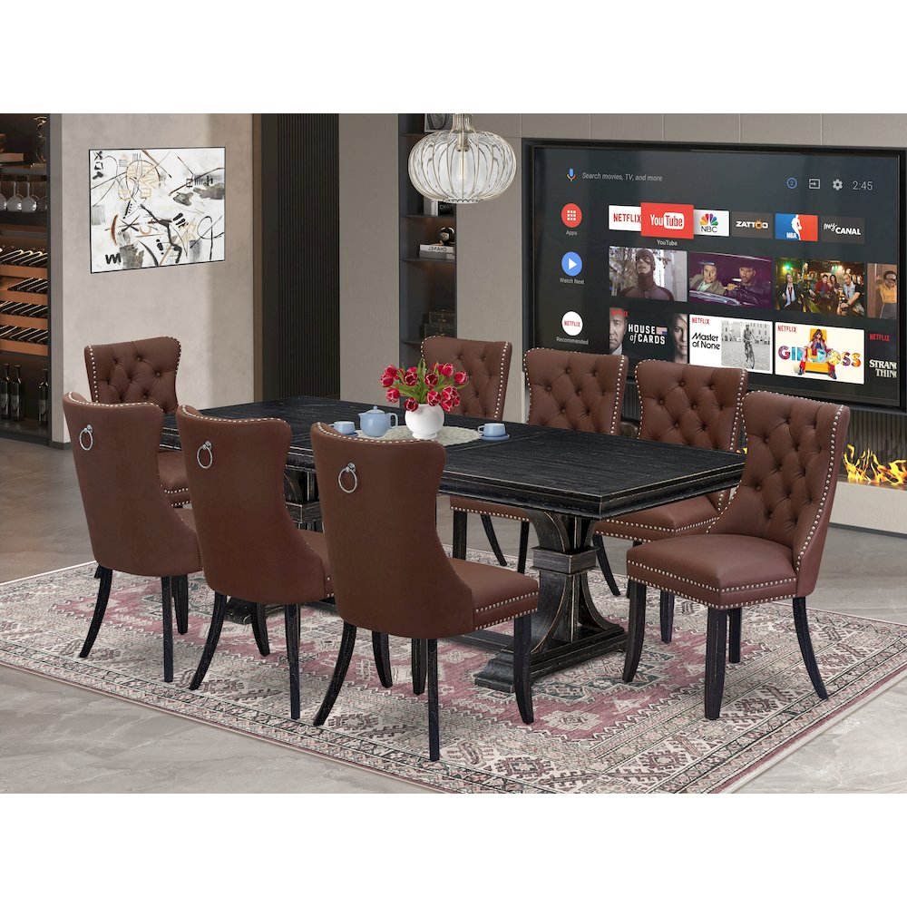 9 piece modern dining set a wooden table and 8 Faux Leather upholstered Chairs. Picture 5