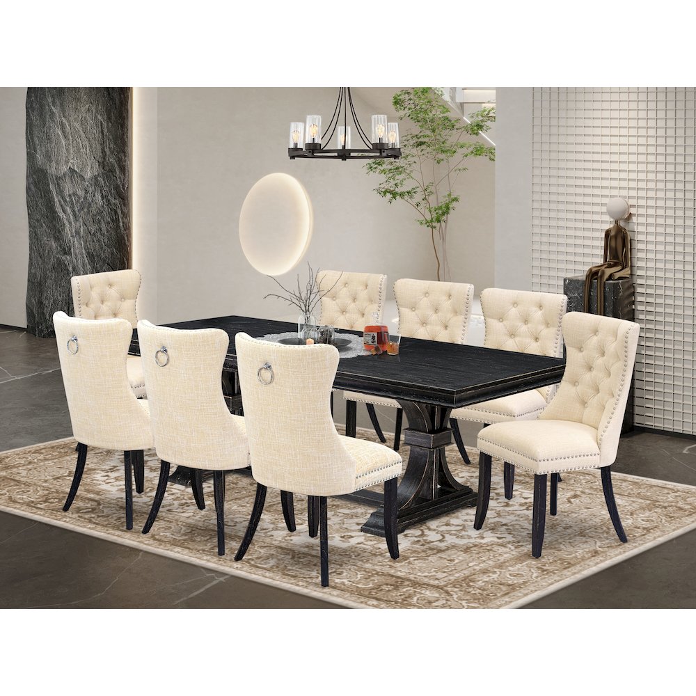 9 piece modern dining set of a rectangular table and 8 padded chairs. Picture 5